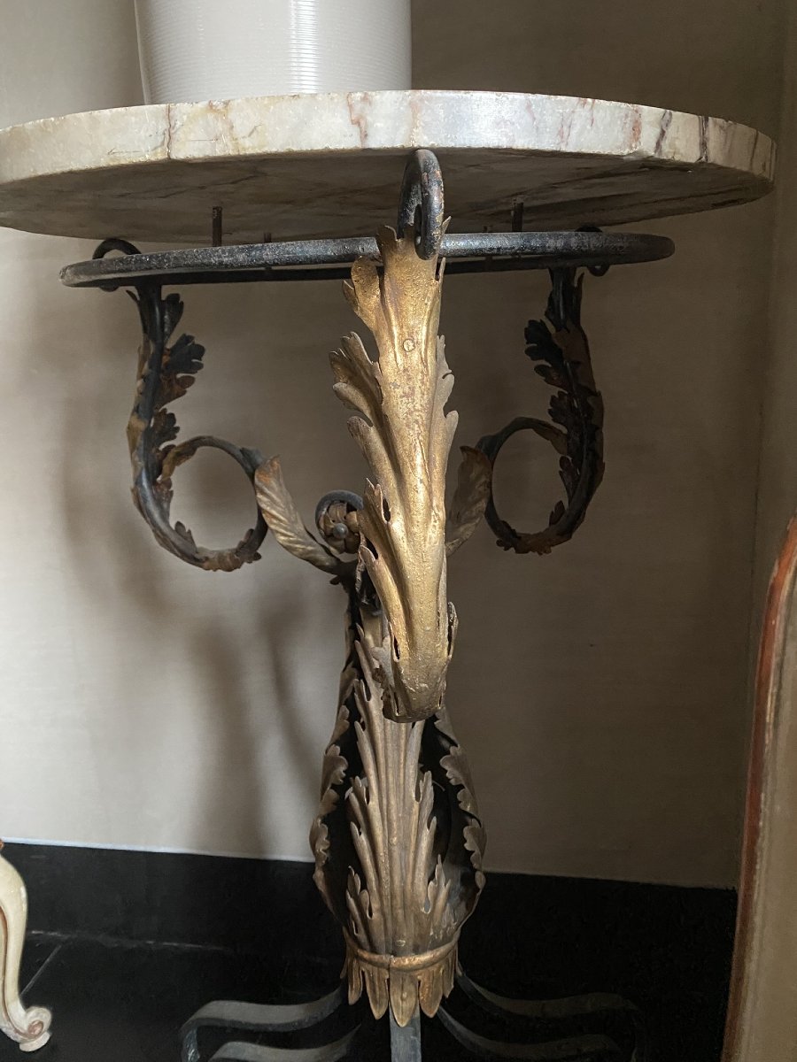TRÉTEAU EN FER FORGÉ LAQUÉ ET DORÉ AVEC PLATEAU EN MOSAÏQUE-photo-6