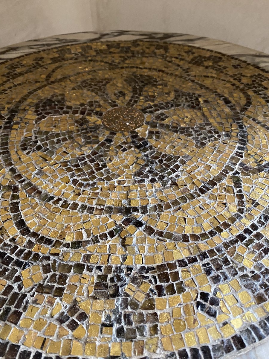 TRÉTEAU EN FER FORGÉ LAQUÉ ET DORÉ AVEC PLATEAU EN MOSAÏQUE-photo-7