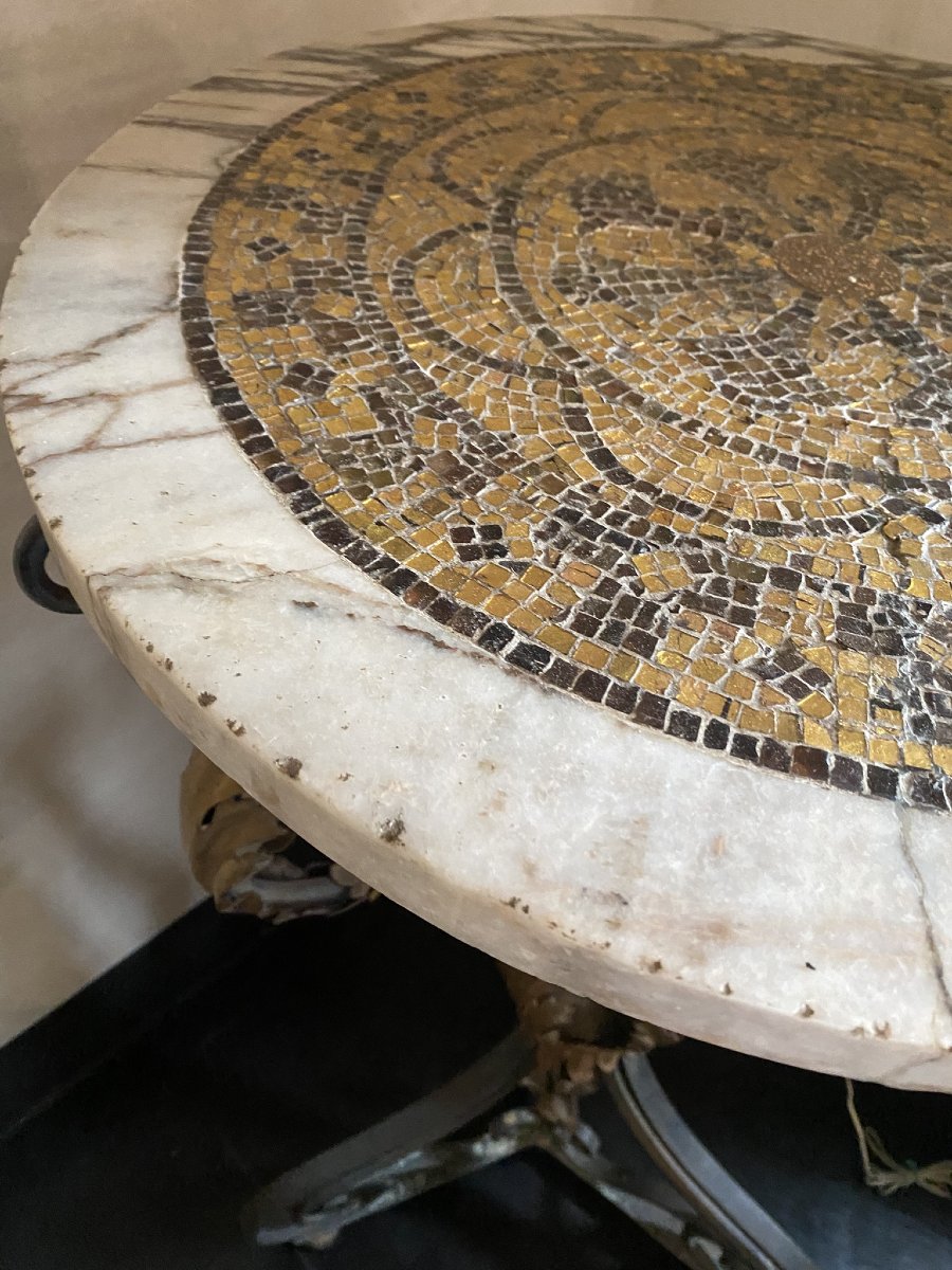 TRÉTEAU EN FER FORGÉ LAQUÉ ET DORÉ AVEC PLATEAU EN MOSAÏQUE-photo-8