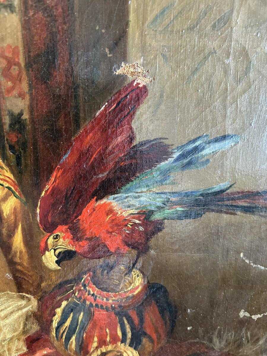 TABLEAU ORIENTALISTE D'ODALISQUE AU PERROQUET-photo-2