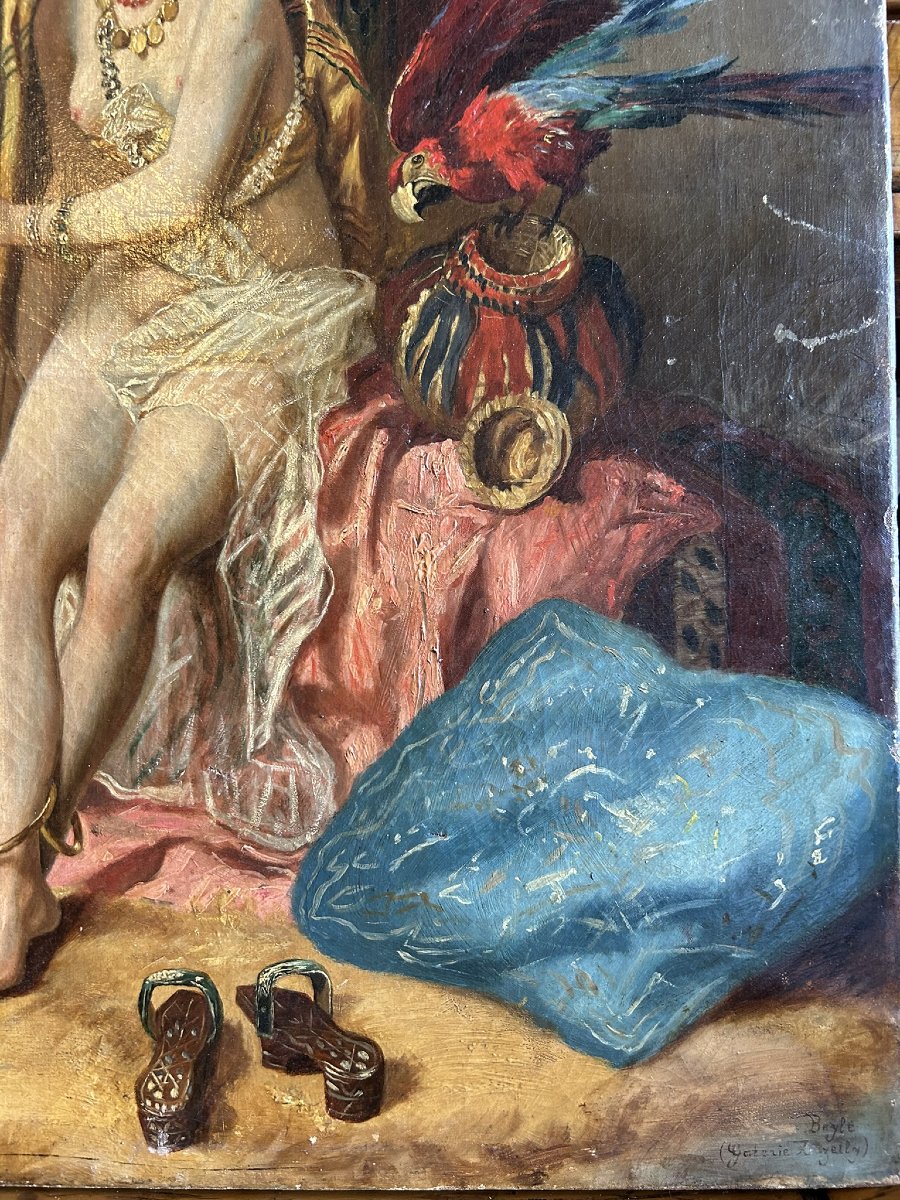TABLEAU ORIENTALISTE D'ODALISQUE AU PERROQUET-photo-7