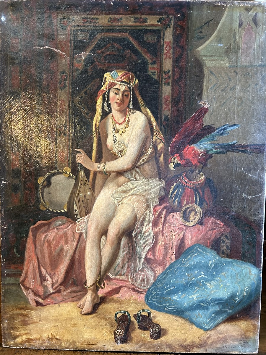 TABLEAU ORIENTALISTE D'ODALISQUE AU PERROQUET