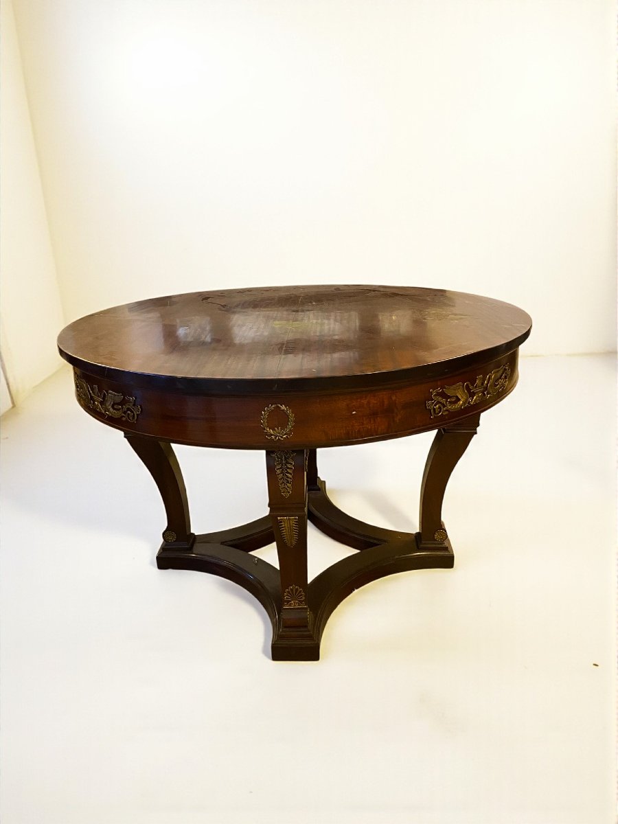 TABLE RONDE DE STYLE EMPIRE EN ACAJOU AVEC APPLICATIONS EN BRONZE-photo-1