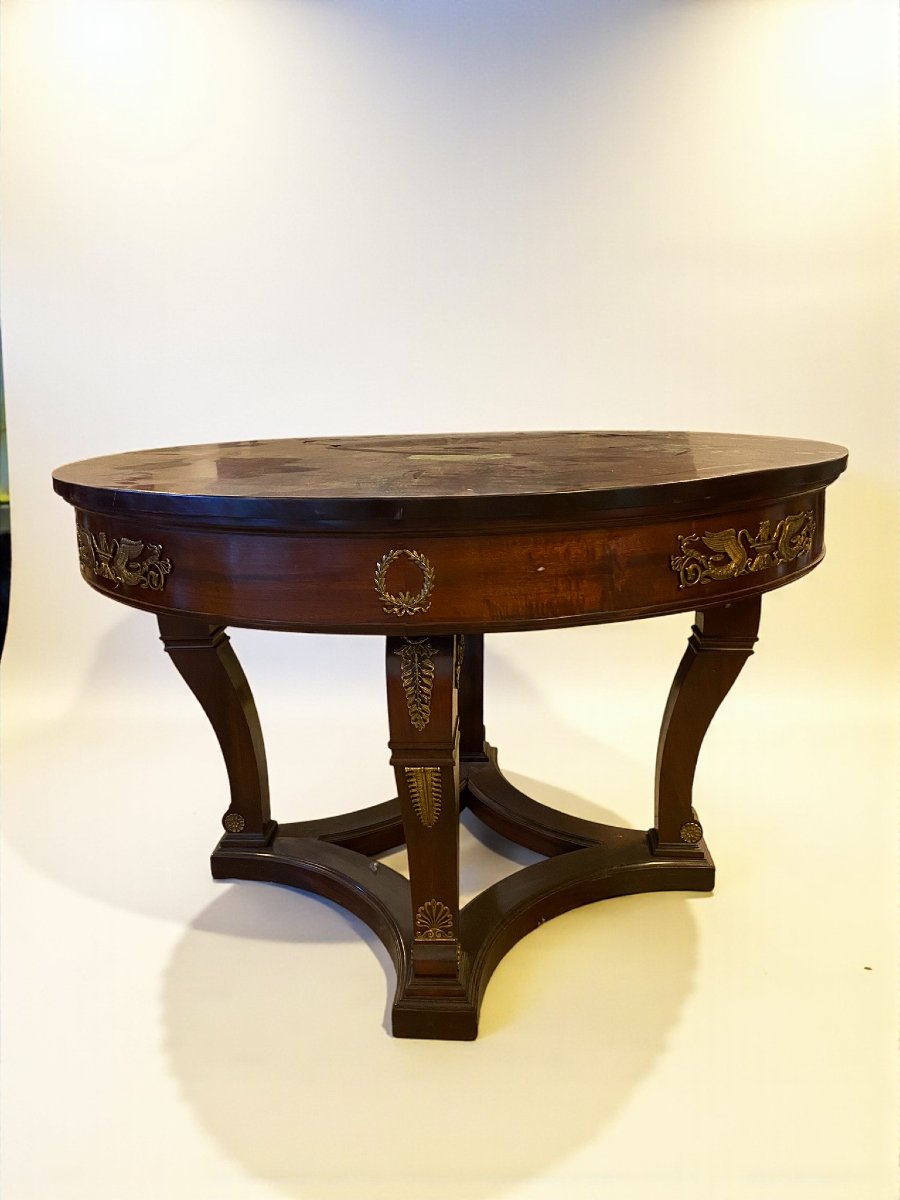 TABLE RONDE DE STYLE EMPIRE EN ACAJOU AVEC APPLICATIONS EN BRONZE-photo-2