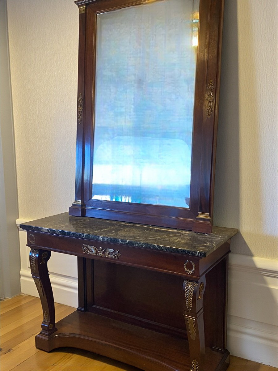 CONSOLE DE STYLE EMPIRE AVEC MIROIR (1880) EN ACAJOU AVEC APPLICATIONS EN BRONZE