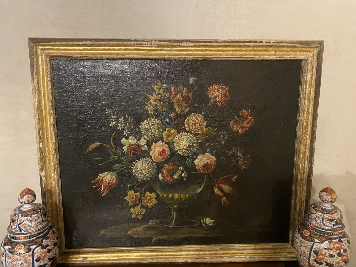 TABLEAU D'UN VASE DE FLEURS - ÉCOLE ITALIENNE DU XIXE SIÈCLE-photo-1
