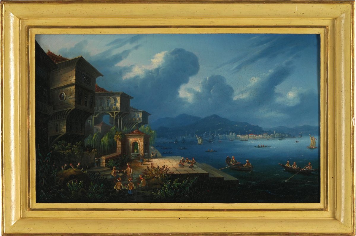 PAIRE DE TABLEAUX REPRÉSENTANT DES VUES DU BOSPHORE XIX SEC-photo-3