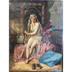 TABLEAU ORIENTALISTE D'ODALISQUE AU PERROQUET