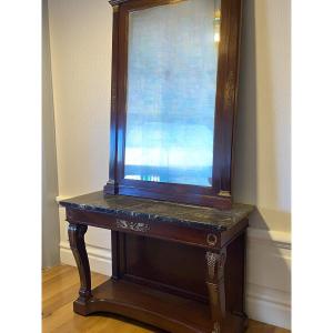 Empire Style Console Table With Mirror (1880) In Mahogany With Bronze Appliqués