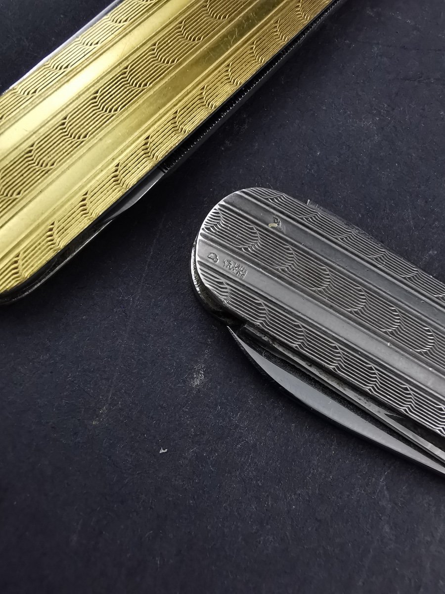 Pair Of Art Deco Silver And Gold Plated Pocket Knife-photo-3