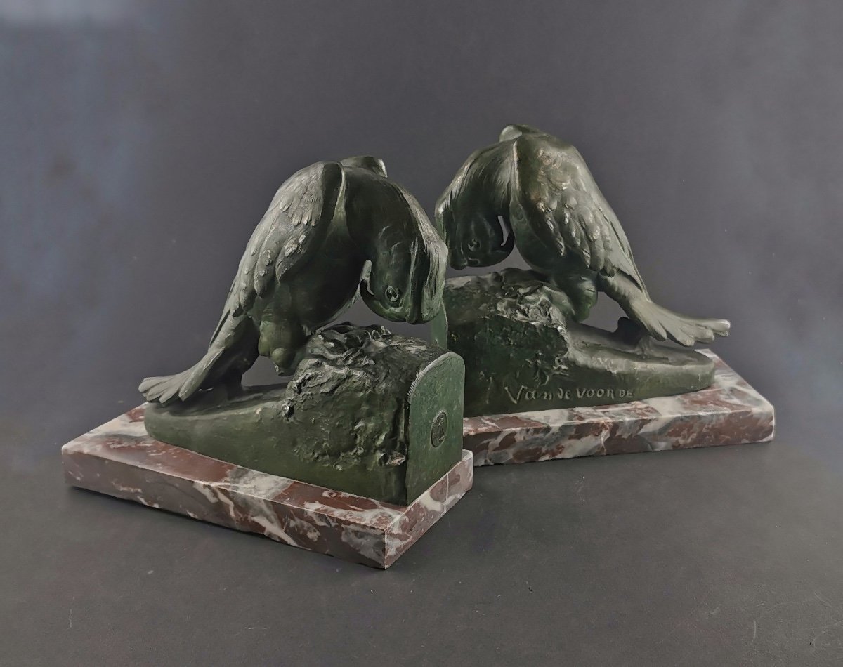 Pair Of Bookends With Art Deco Parakeets