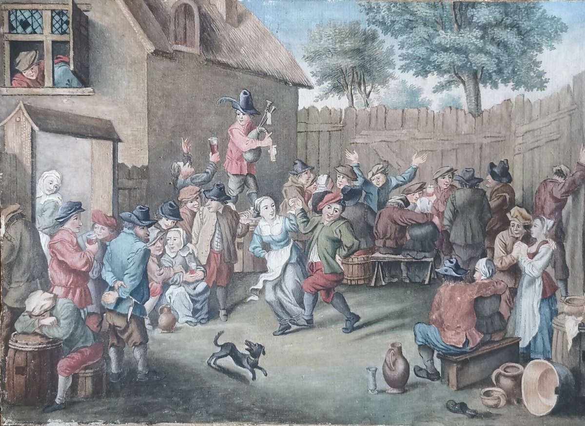 Watercolor Village Festival Scene In The Style Of Teniers