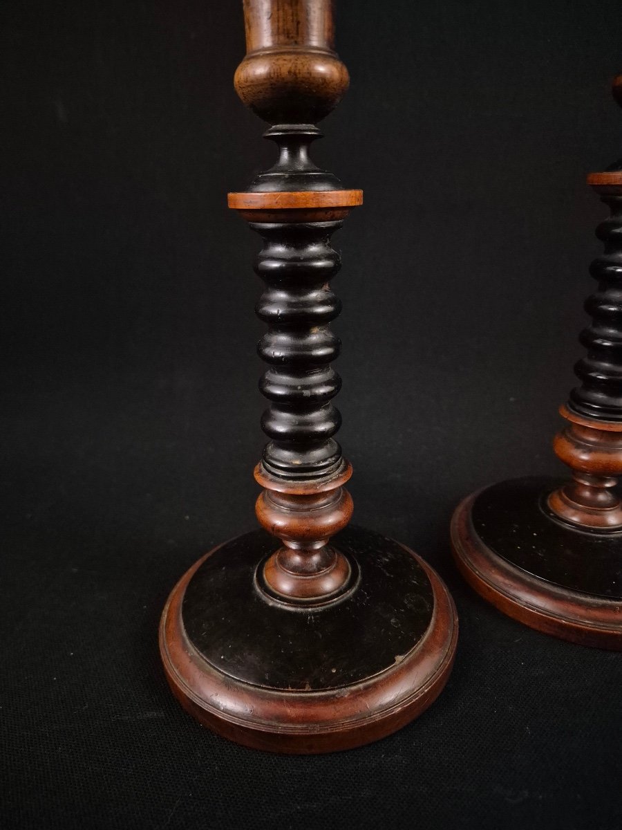 Pair Of 19th Century Turned Wooden Candlesticks-photo-2