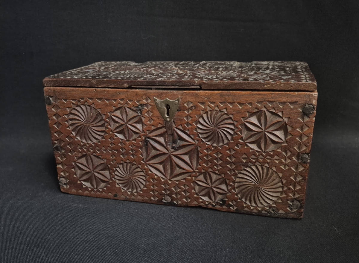 Carved Walnut Folk Art Lacemaker's Box