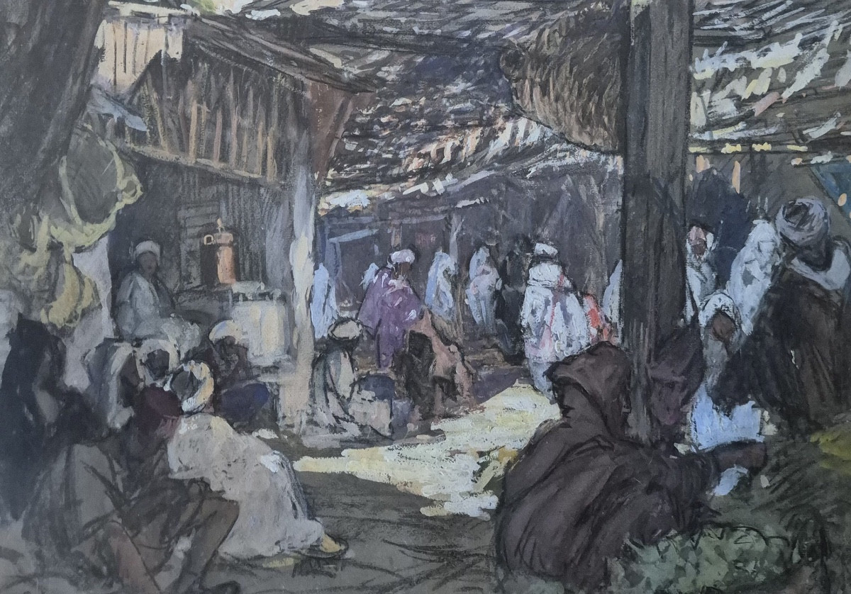 Large Orientalist Gouache Souk Scene By Henri Pontoy-photo-2