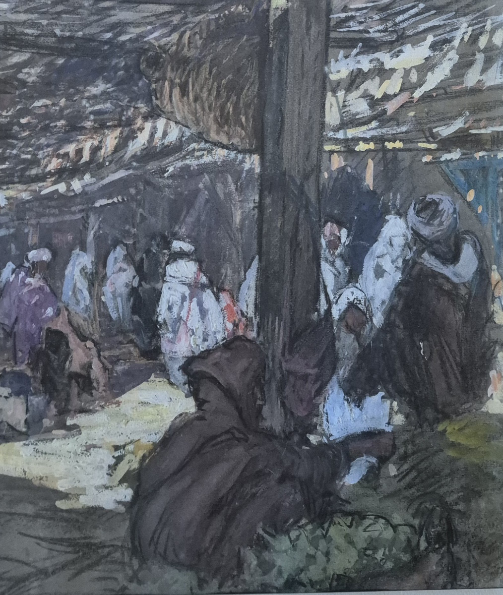 Large Orientalist Gouache Souk Scene By Henri Pontoy-photo-3