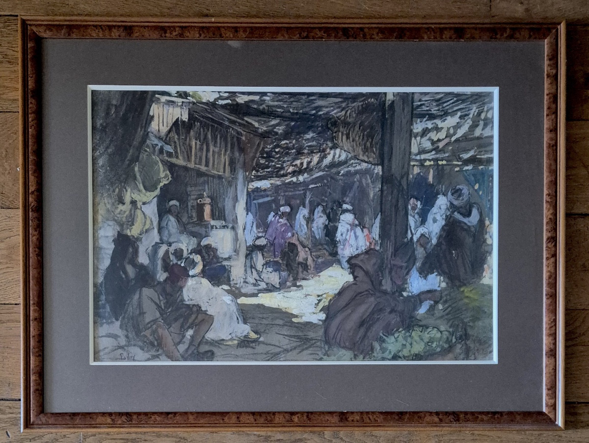Large Orientalist Gouache Souk Scene By Henri Pontoy
