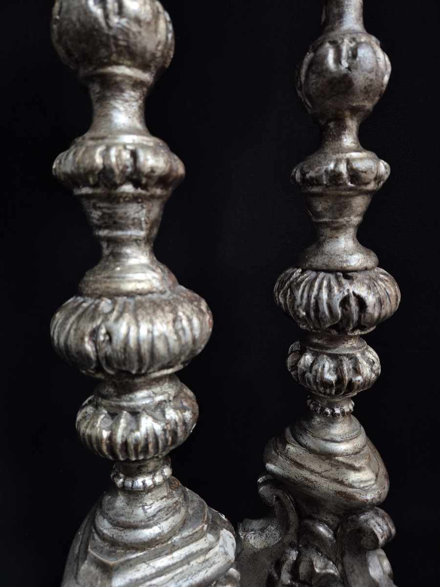 Pair Of 18th Century Silver-plated Wooden Candlesticks-photo-3