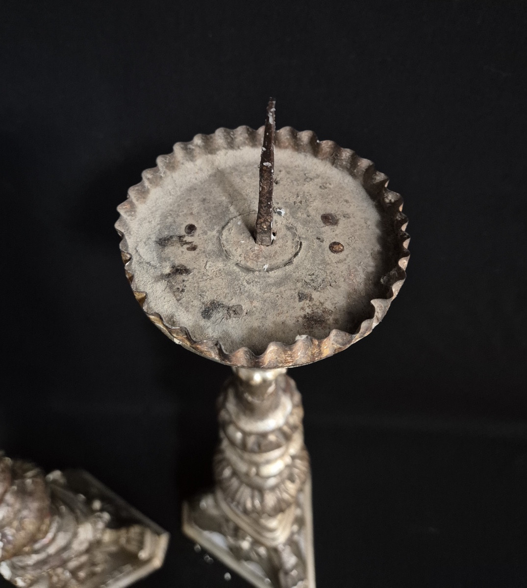 Pair Of 18th Century Silver-plated Wooden Candlesticks-photo-4