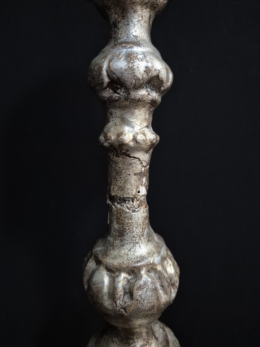 Pair Of 18th Century Silver-plated Wooden Candlesticks-photo-2