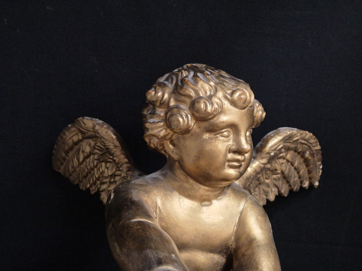 Gilded Wooden Cherub/putto, 38 Cm