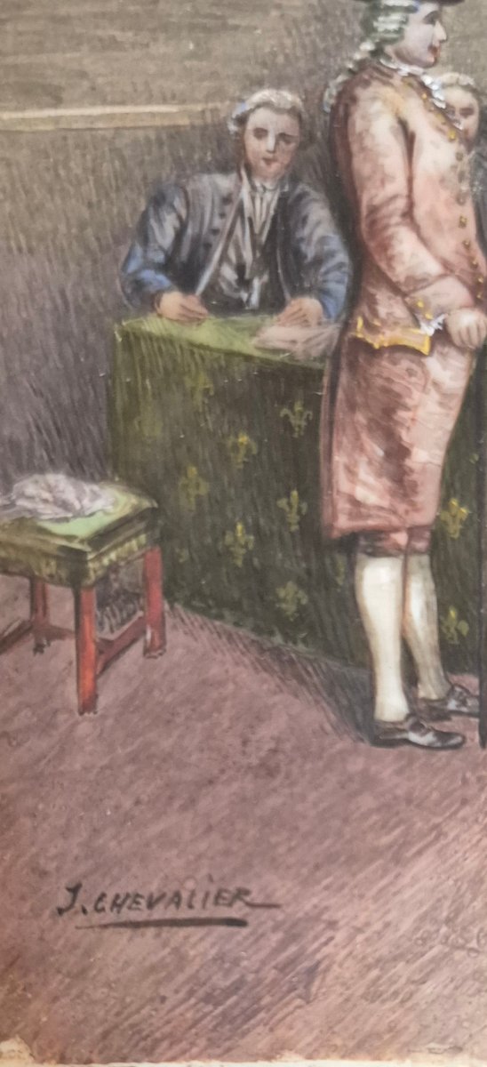 ​J. CHEVALIER (XIXe)  miniature Scène d'Assemblée sous l'Ancien Régime-photo-2