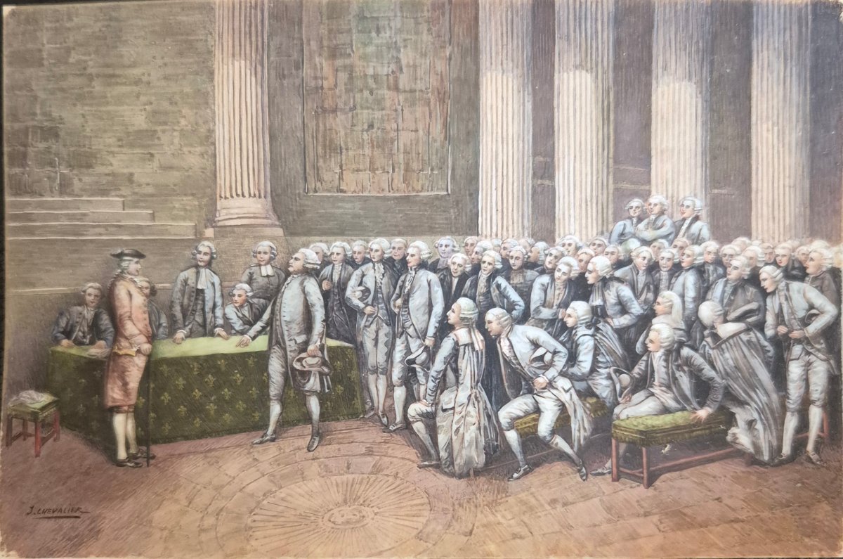 ​J. CHEVALIER (XIXe)  miniature Scène d'Assemblée sous l'Ancien Régime