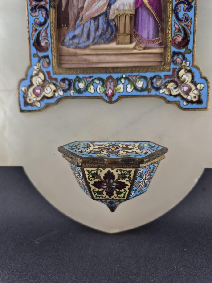 Antique Napoleon III-era Holy Water Font Made Of Onyx, Cloisonné Bronze, And Porcelain -photo-3