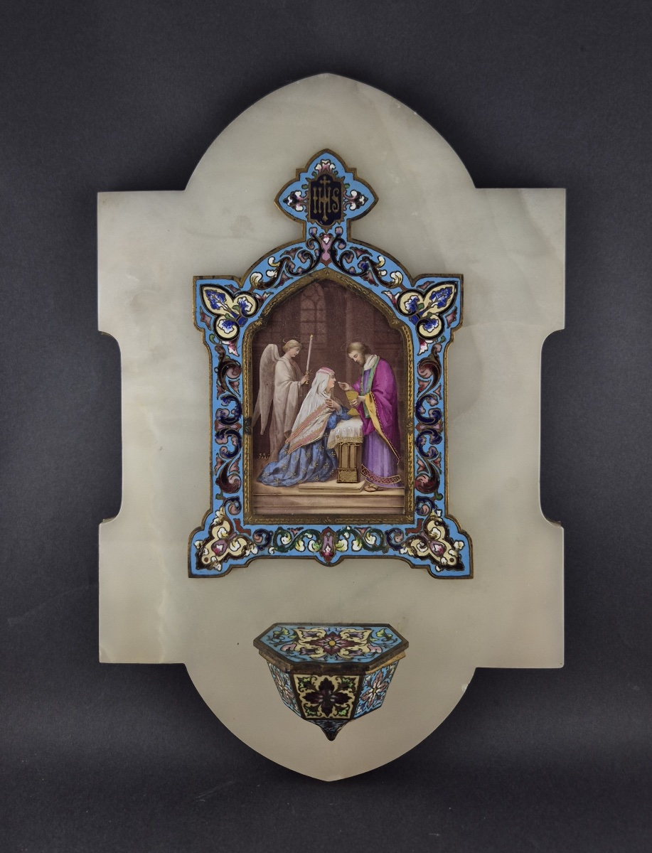 Antique Napoleon III-era Holy Water Font Made Of Onyx, Cloisonné Bronze, And Porcelain 