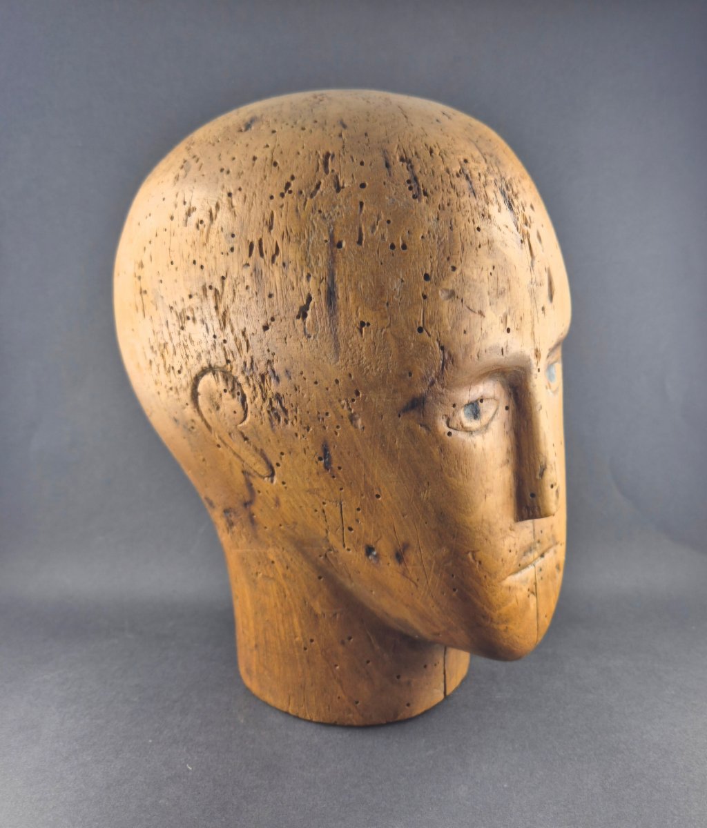​carved Wooden Marotte Mannequin Head, 19th Century