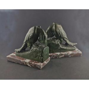 Pair Of Bookends With Art Deco Parakeets