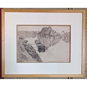 Ink Drawing Barge In Auvers Sur Oise 1922
