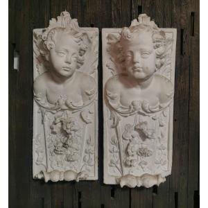 Pair Of 19th Century Putti Wall Plaster