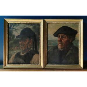 Pair Of Breton Portraits By Leonie Humbert-vignot