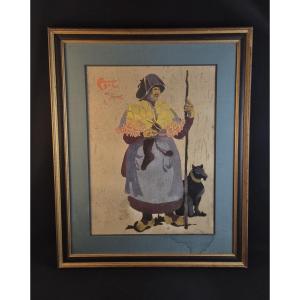 Grand pochoir costume auvergnat par Maurice BUSSET