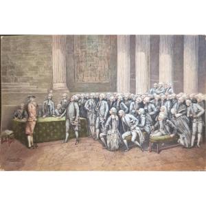 ​J. CHEVALIER (XIXe)  miniature Scène d'Assemblée sous l'Ancien Régime