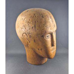 ​carved Wooden Marotte Mannequin Head, 19th Century