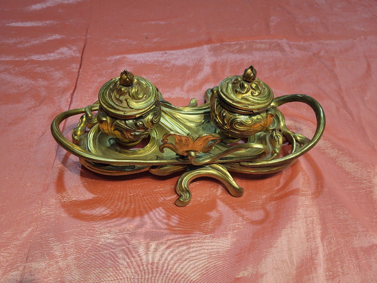 Art Nouveau Inkwell, Gilt Bronze In Fire-photo-2