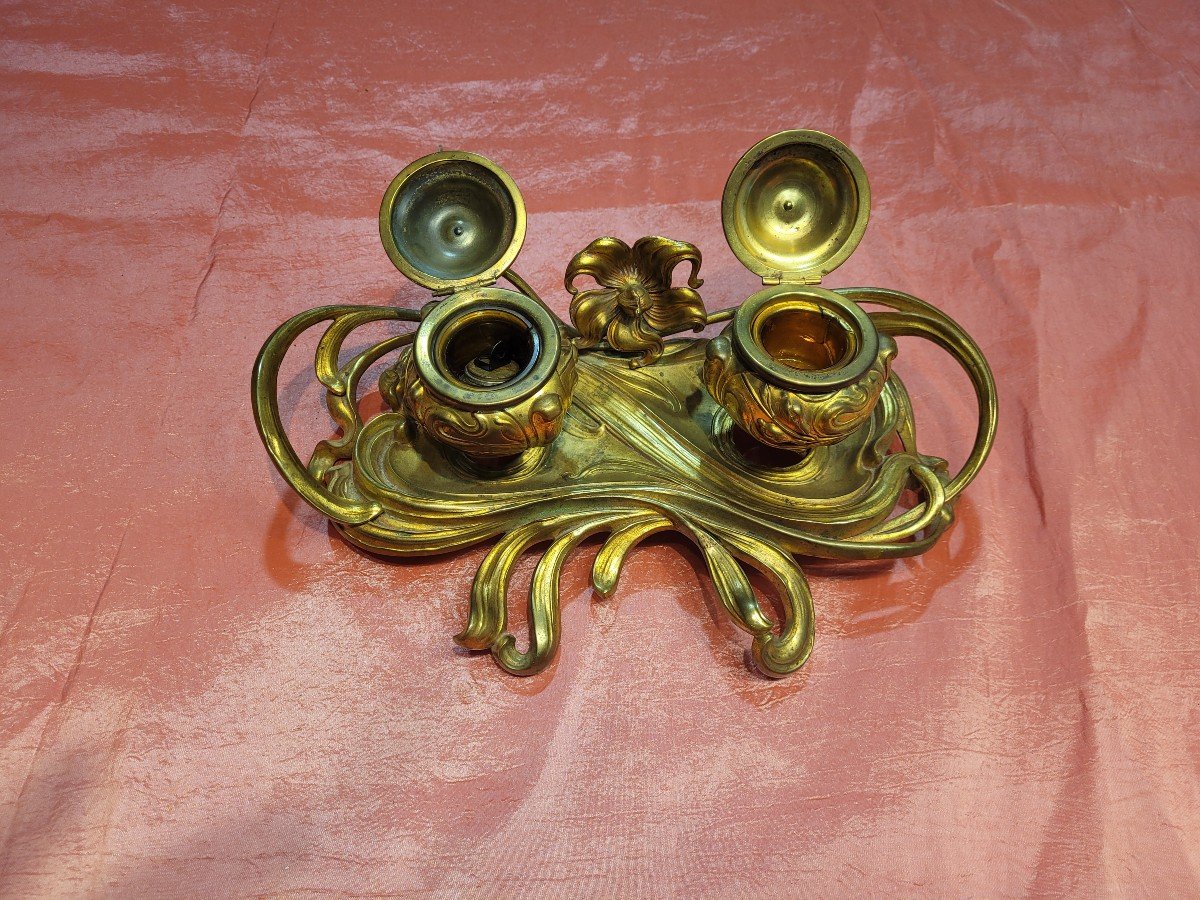 Art Nouveau Inkwell, Gilt Bronze In Fire-photo-3