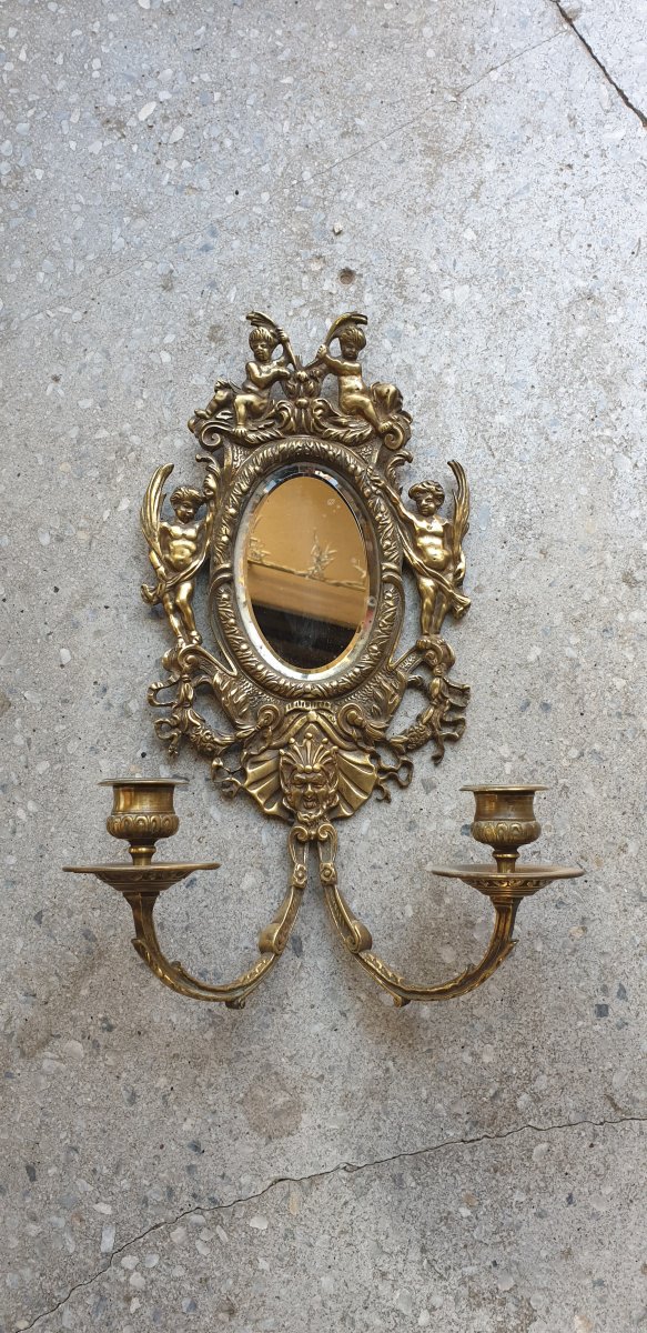 Paire d' Appliques miroir NIII Bronze, Laiton-photo-2