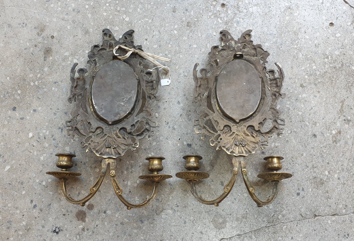 Paire d' Appliques miroir NIII Bronze, Laiton-photo-4