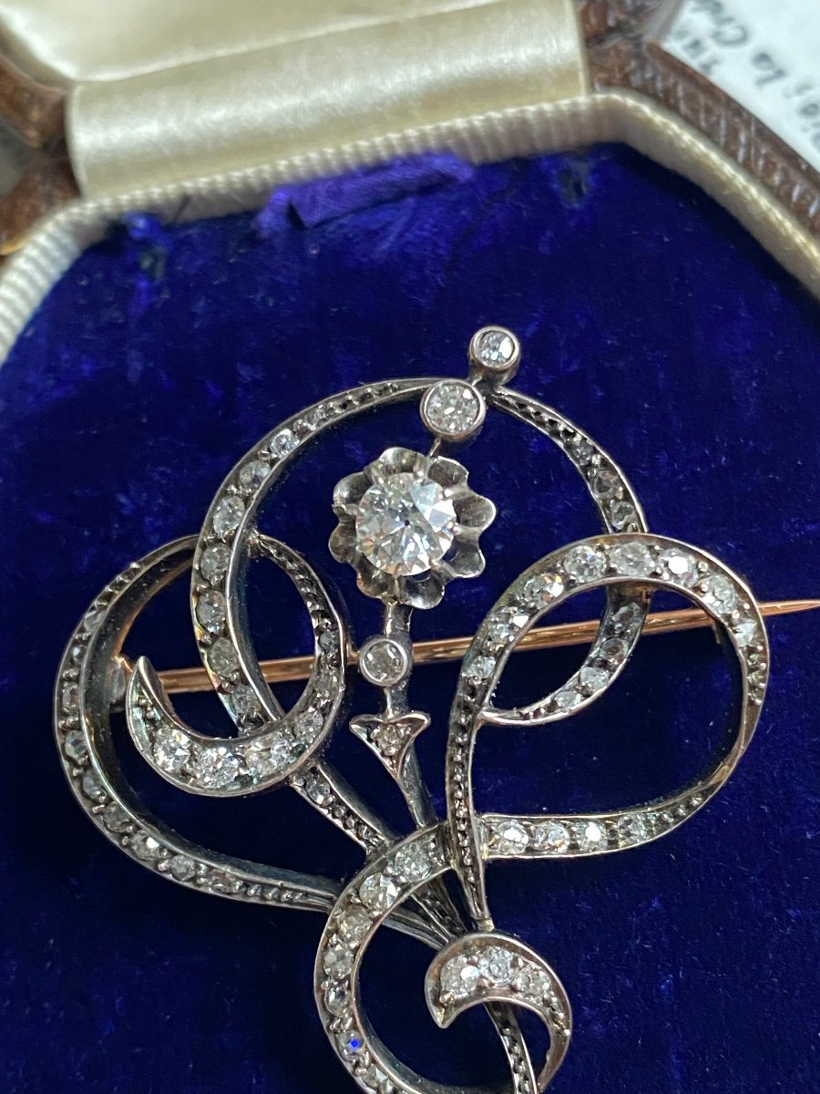 Very Beautiful Old Brooch In Gold, Silver, Diamonds-photo-3