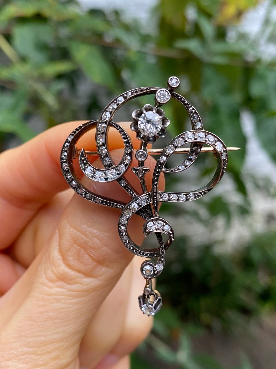 Very Beautiful Old Brooch In Gold, Silver, Diamonds-photo-4