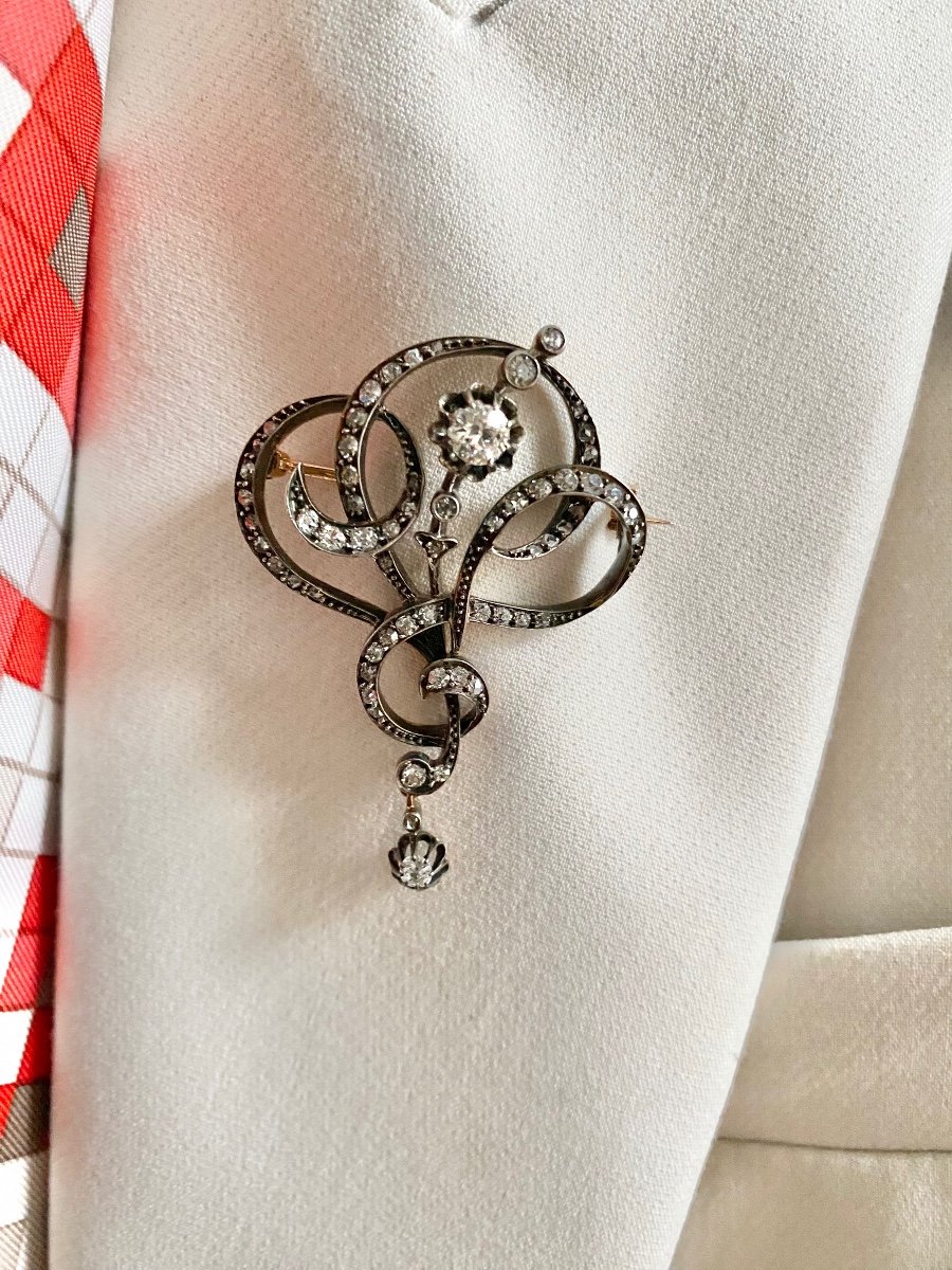Very Beautiful Old Brooch In Gold, Silver, Diamonds-photo-6