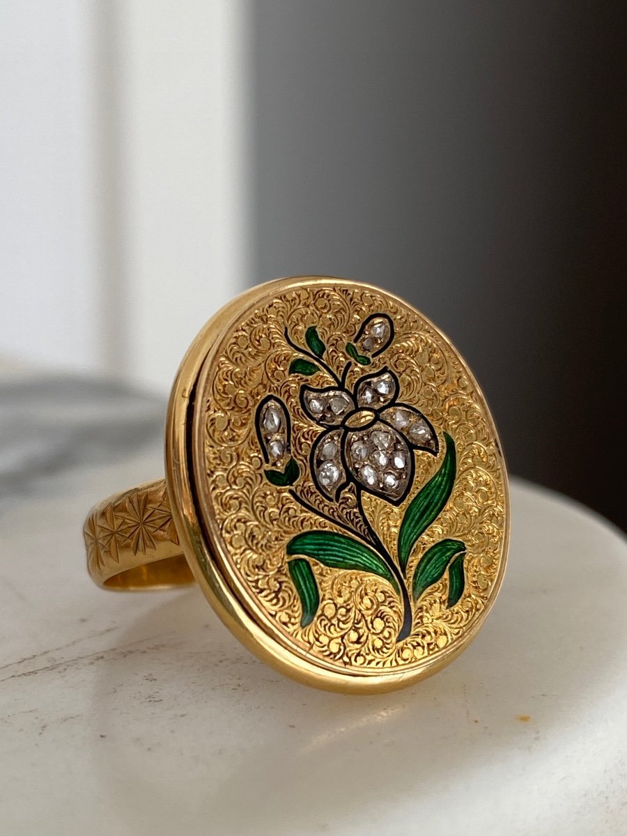Bague En Or Jaune à Motif D’un Iris émaillé-photo-1