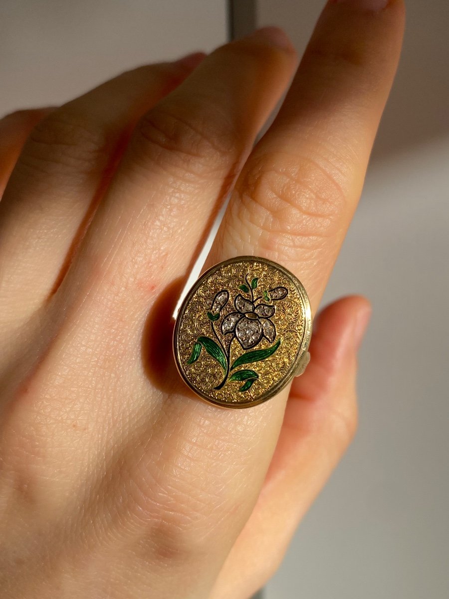 Bague En Or Jaune à Motif D’un Iris émaillé-photo-3