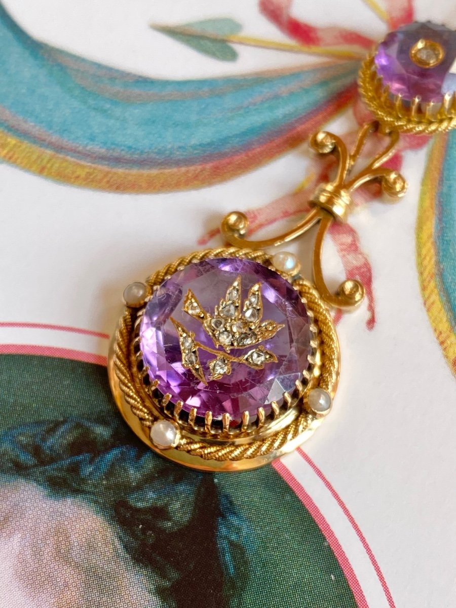 18k Yellow Gold Pendant Composed Of Two Amethysts-photo-2