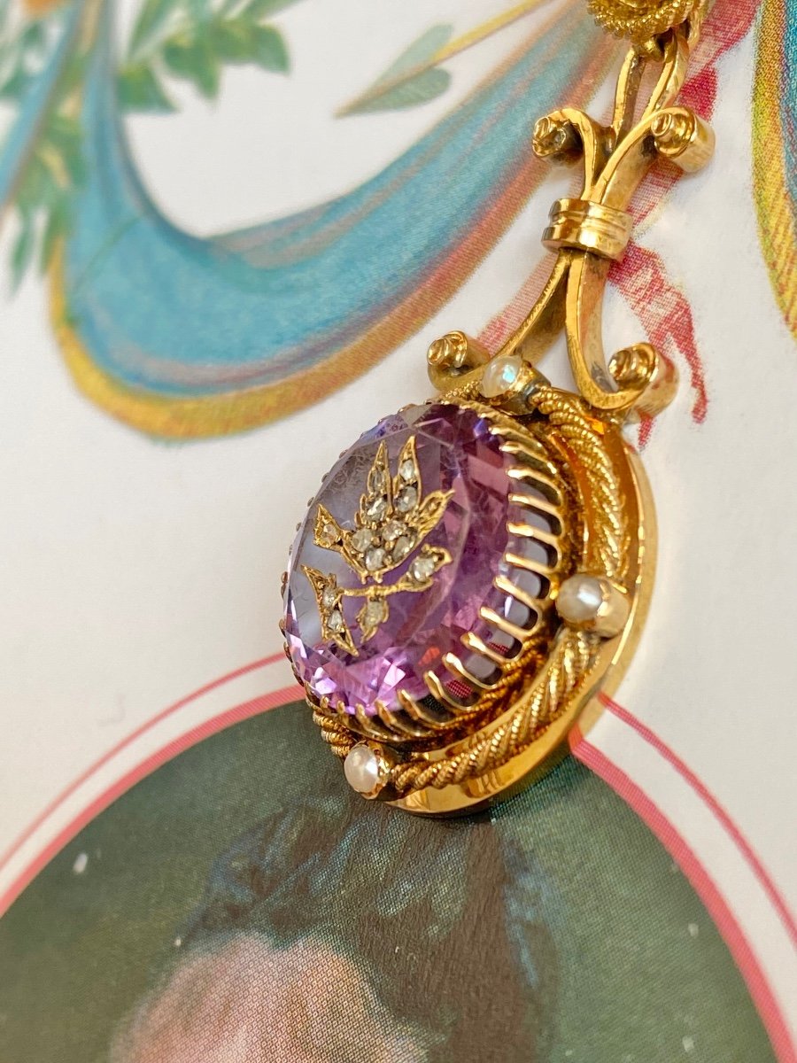 18k Yellow Gold Pendant Composed Of Two Amethysts-photo-3