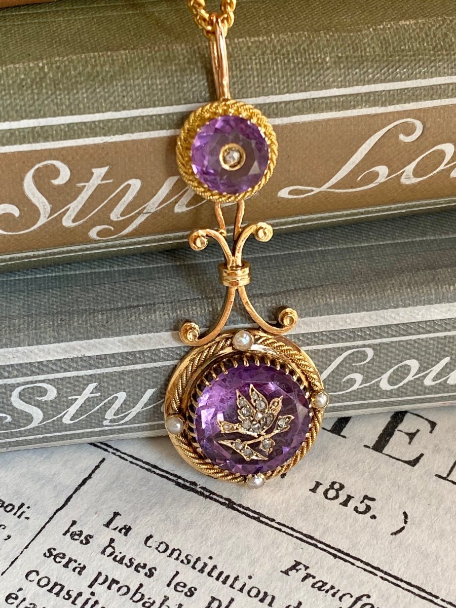 18k Yellow Gold Pendant Composed Of Two Amethysts-photo-1