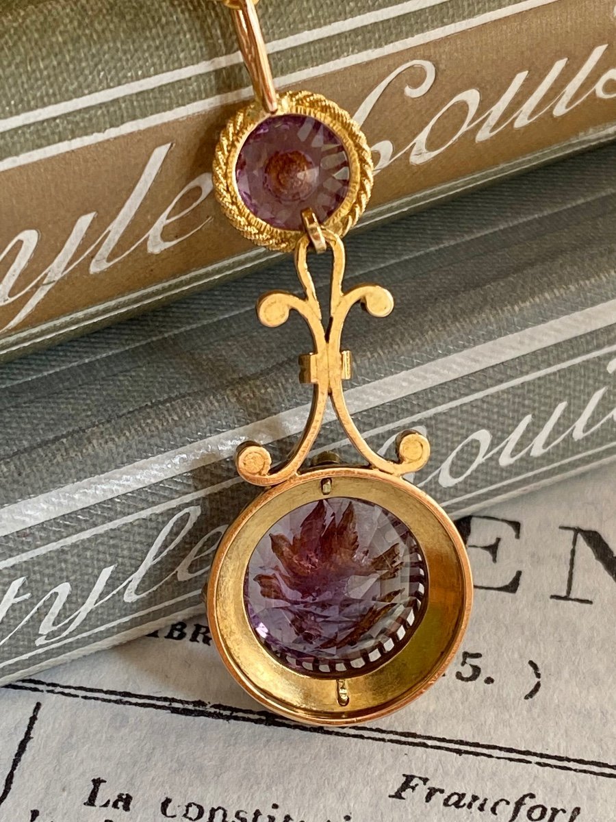 18k Yellow Gold Pendant Composed Of Two Amethysts-photo-2